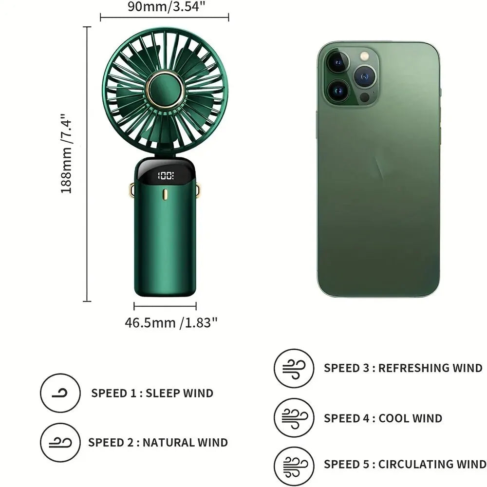 4000mAh Handheld Mini Fan Foldable Portable Neck Hanging Fans 5 Speed USB Rechargeable Fan with Phone Stand and Display Screen