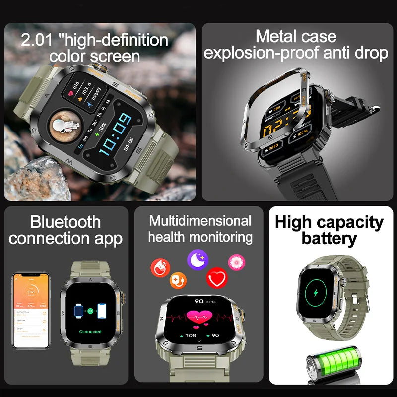 Rugged And Durable Military Smart Watch Ip68 Waterproof 2.01 '' HD Display Bluetooth Voice Smart Watch For Android IOS XIAOMI