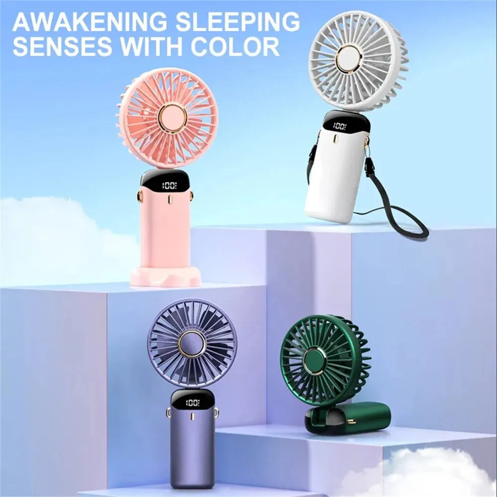 4000mAh Handheld Mini Fan Foldable Portable Neck Hanging Fans 5 Speed USB Rechargeable Fan with Phone Stand and Display Screen